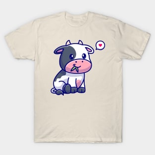 Cute Cow Sitting And Eating Grass Cartoon T-Shirt